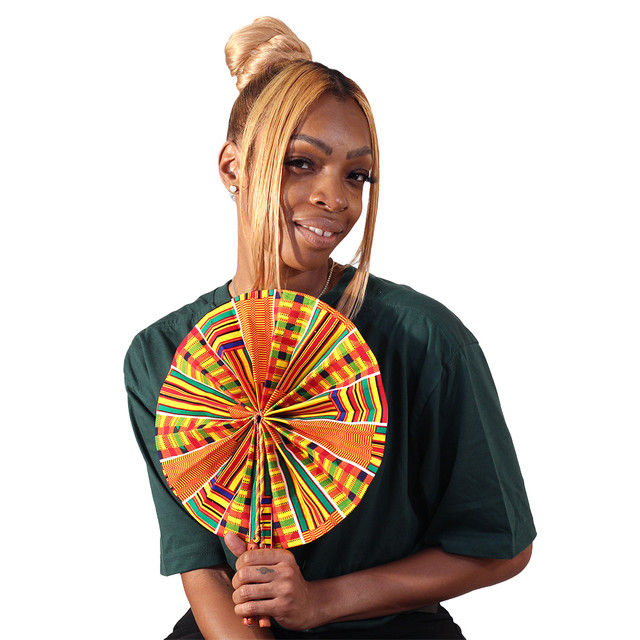 African Kente #1 Leather Folding Fan